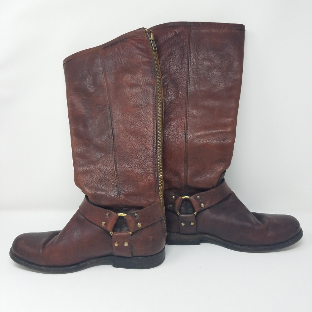 Frye women 7.5B brown Phillip Harness tall boots leather grunge equestrian - Picture 2 of 8